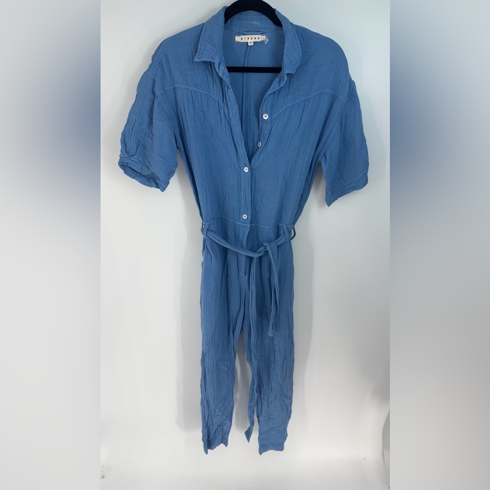 Xírena Short Sleeve Front Button Up Waist Tie Jump Suit